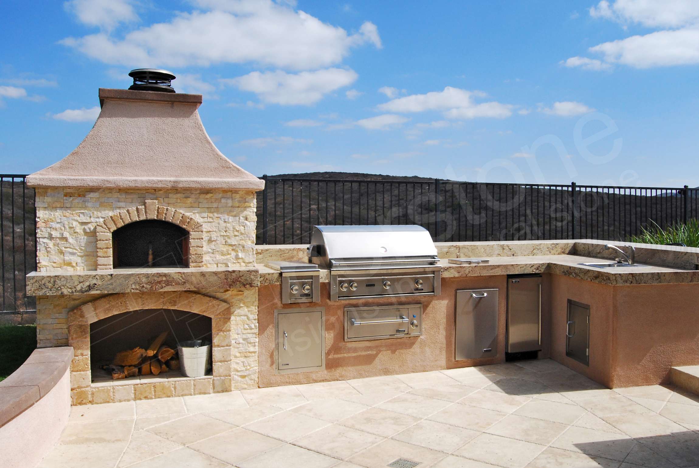 Norstone Ivory Stacked Stone Rock Panels on Outdoor Backyard Pizza Oven